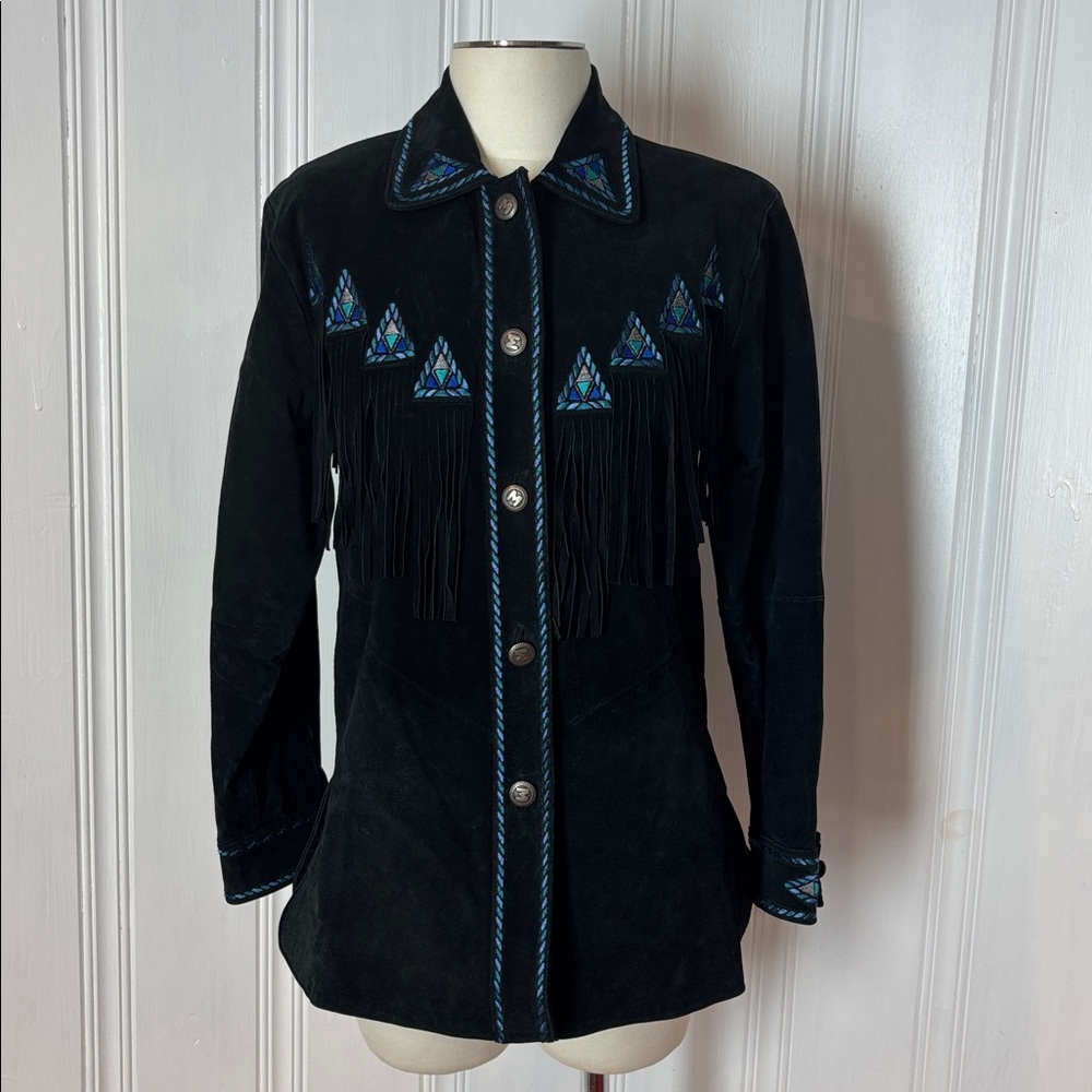 Bob Mackie Black Suede Fringe Jacket with Blue Embroidery